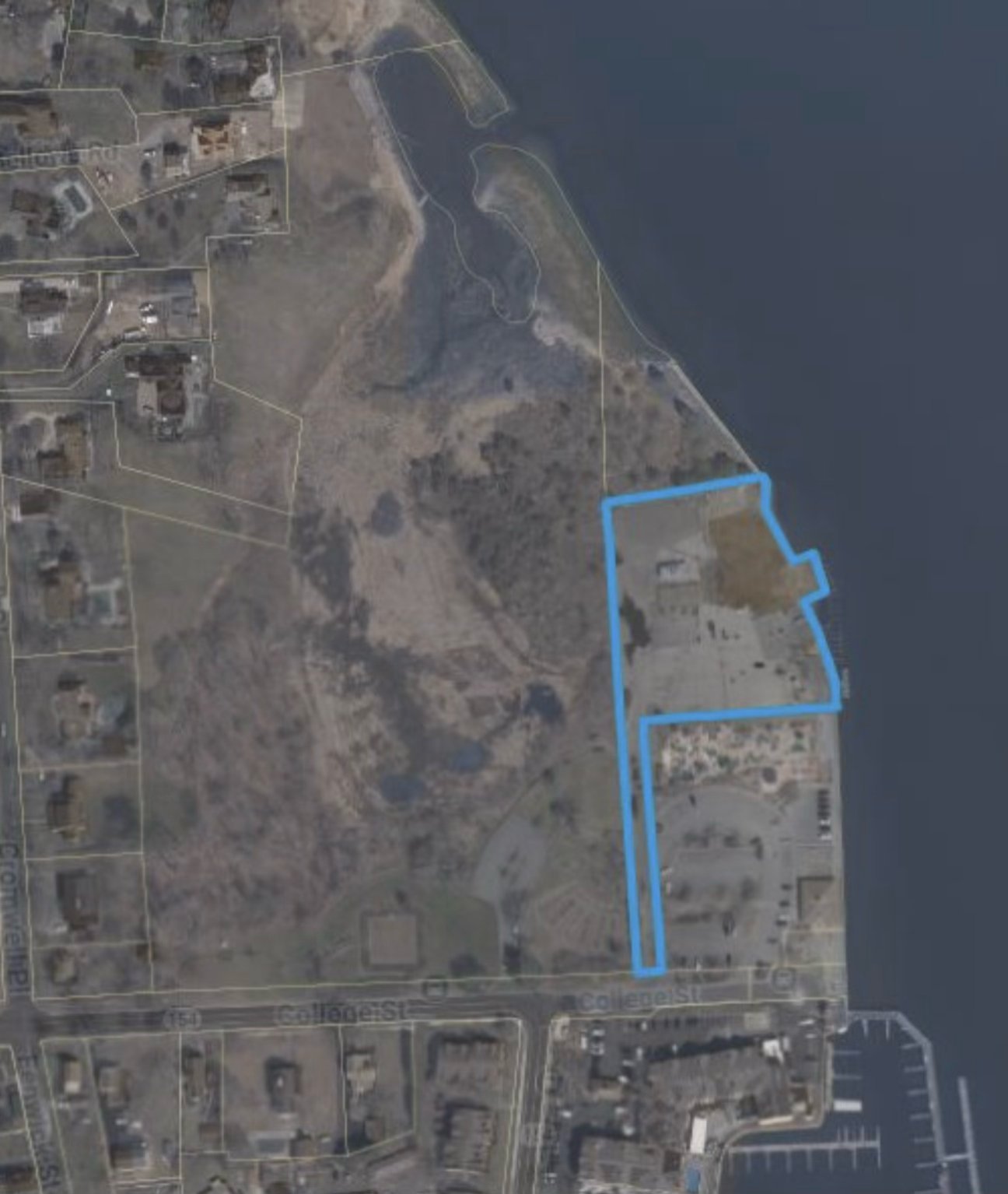 Aerial view of Saybrook Point with property outline