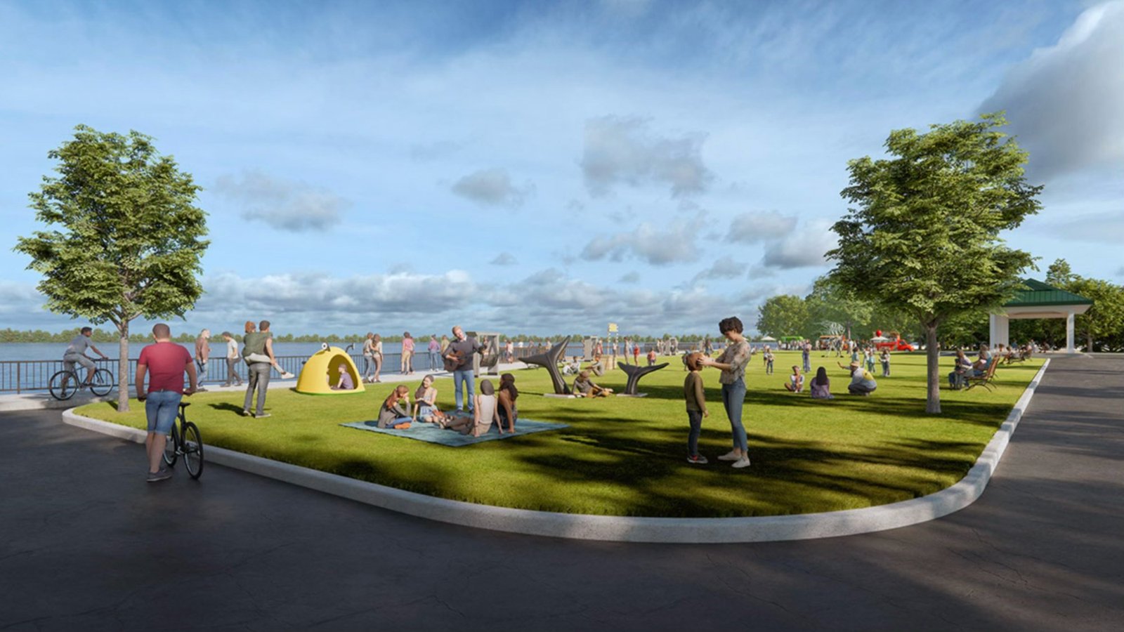 Summer rendering of the waterfront park with great lawn and public art