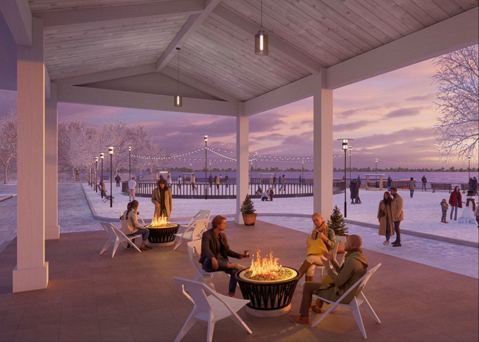 Winter rendering with fire pits under pavilion
