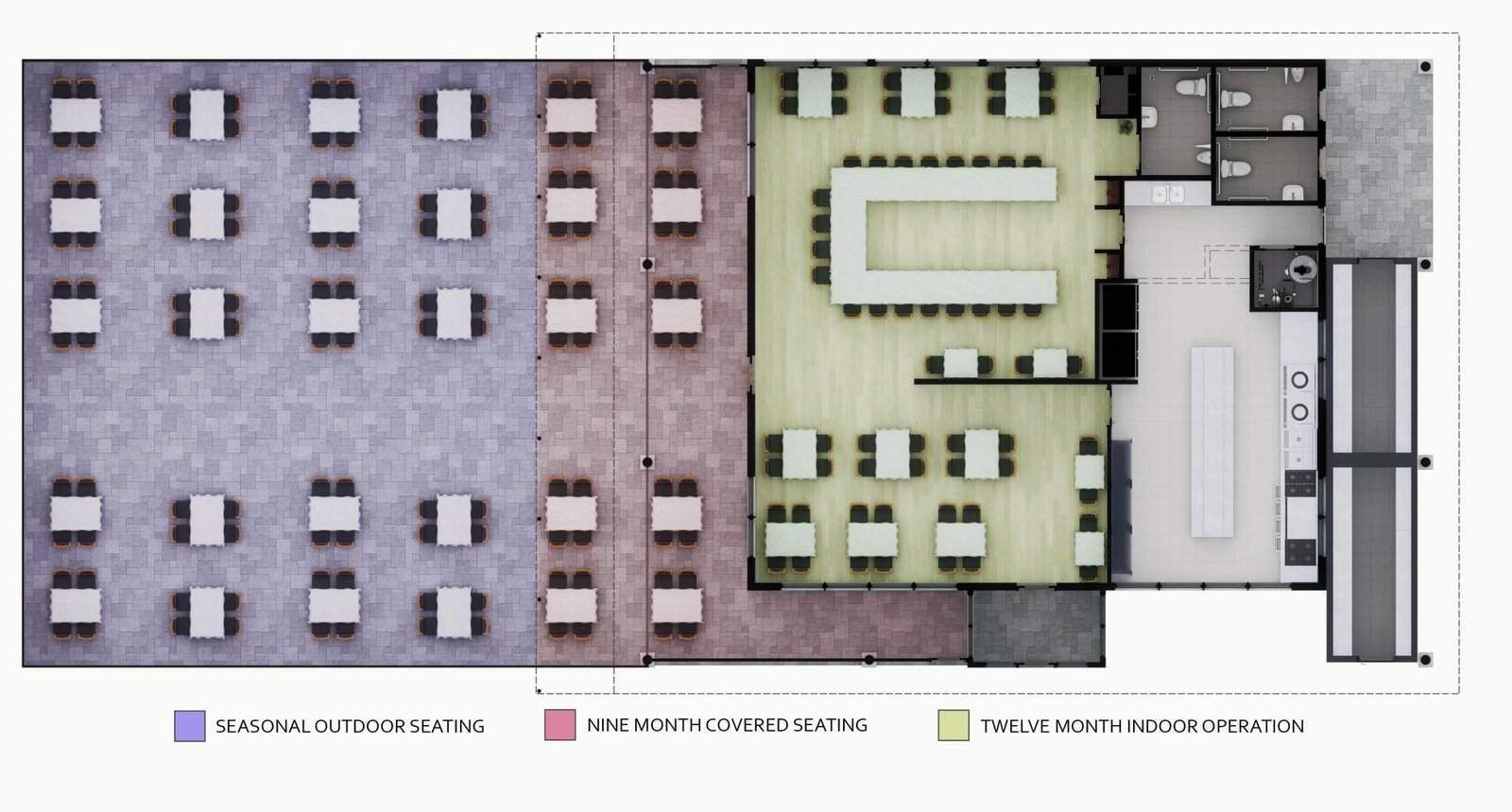 Restaurant floor plan showing seasonal outdoor dining, nine-month covered seating, and twelve-month indoor preparation areas
